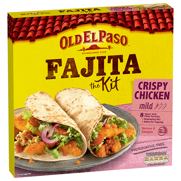pack of Old El Paso's crispy chicken mild fajita kit containing soft flour tortillas, seasoning mix & salsa (555g)