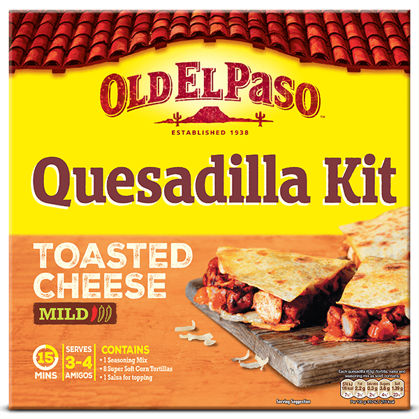 pack of Old El Paso's mild toasted cheese quesadilla kit containing soft corn tortillas, seasoning mix & salsa (505g)