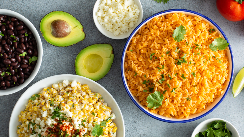 Veggie Mexican Rice Bowls serving on table