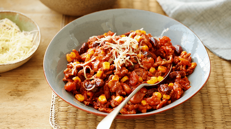 Enchilada Chili served in a white bowl